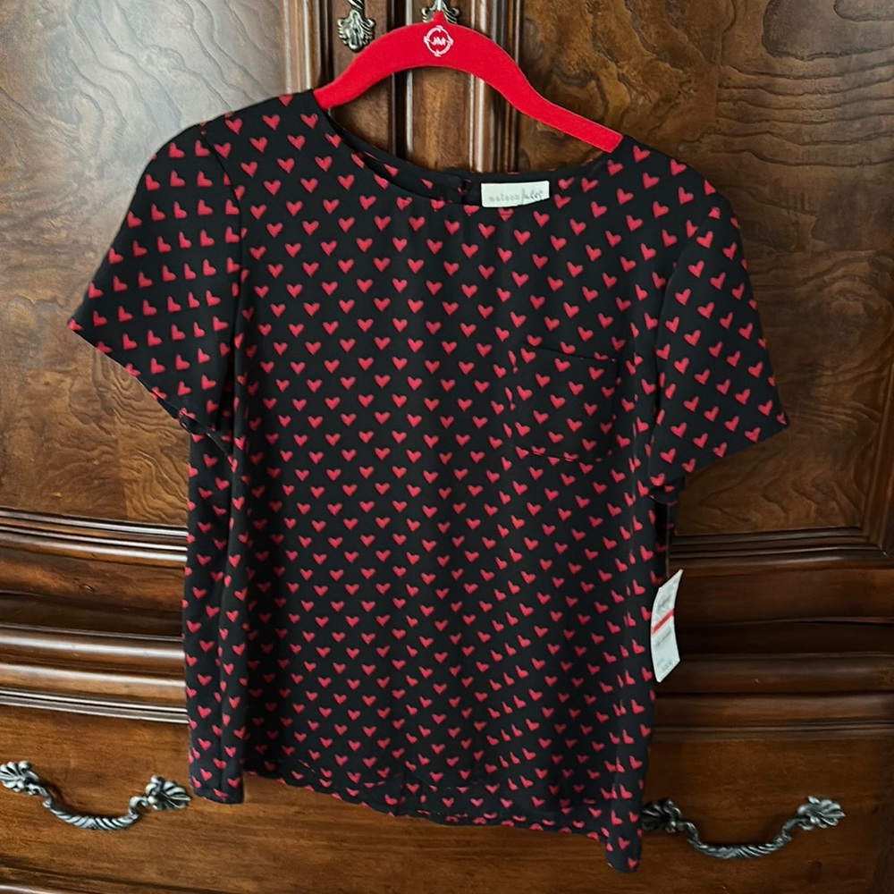 Black blouse with red hearts. Size XS. NWT.